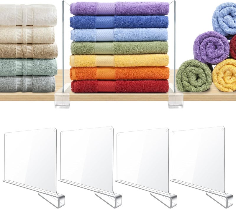 BAUMFEUER 4 Pack Clear Acrylic Shelf Dividers for Closet Shelf Organizer of Bedroom Kitchen Office Bathroom Organizer for Clothes Books Hats and Handbags - Image 1